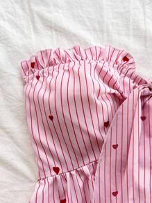 Soleia Women's Vacation Pink & White Striped Heart Print Ruffled Collar Twist Front Cropped Top, Suitable For Party, Date, Afternoon Tea, Summer,Tube Top - Multicolor - View 5