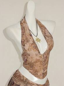 SHEIN ICON Low-Waist Paisley Print Halter Top And Skirt Set Sea Shell Outfit Brown Two Piece Set Women Short Skirt Set Skirt Swimsuit Set Havana Nights Outfit - Khaki - View 10