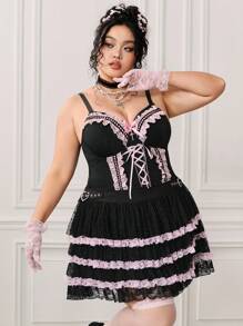 ROMWE EDITION 大码女式撞色荷叶边蕾丝迷你裙 - 黑色 - 查看 5