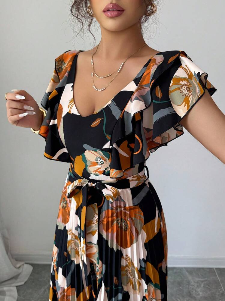 Elenzga Rochie elegantă romantică de Halloween, cu decolteu în V, imprimare digitală, stil de vacanță, cu volane, talie A-line, pentru femei - Multicolor - Vizualizare 4