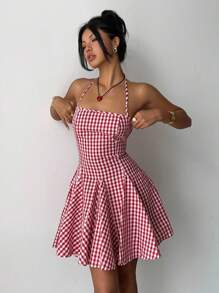 Aloruh 女式性感可爱红白格子挂脖褶边迷你连衣裙 - 彩色 - 查看 6