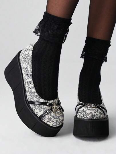 Grunge Punk Women's Platform Wedge Casual Shoes, Gothic Punk Style Round Toe Knitted Fabric All-Over Random Printed, Fashionable Casual For Stage Performance, Halloween