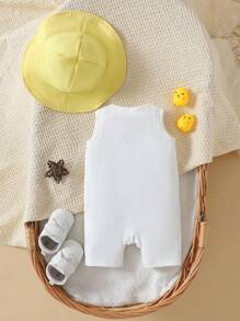 SHEIN Conjunto de mameluco sin mangas con estampado de pato lindo para bebé recién nacido niño + sombrero de ala ancha tejido amarillo casual para vacaciones, adecuado para bebés de 1 a 9 meses, apropiado para vacaciones, actividades al aire libre y viajes de ocio - Multicolor - Ver 3