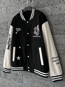 Manfinity Homme Herren Lässige Kontrast Farbige Knopf-Oben Buchstaben Grafik Baseball Jacke Herren Collegejacke Schwarz und Weiß Jacke Streetwear Baseball Jacke Grafik Jacke Streetwear Jacke, Herbst - Schwarz - Übersicht 7