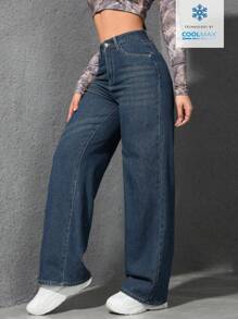 Jeanoix Plain Pocket Casual Versatile Wide Leg Jeans - Blue - View 6