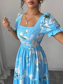 Elenzga 全新女式方领花卉印花泡泡袖 A 字型度假休闲日常百搭优雅女士连衣裙 - 藍色 - 查看 3
