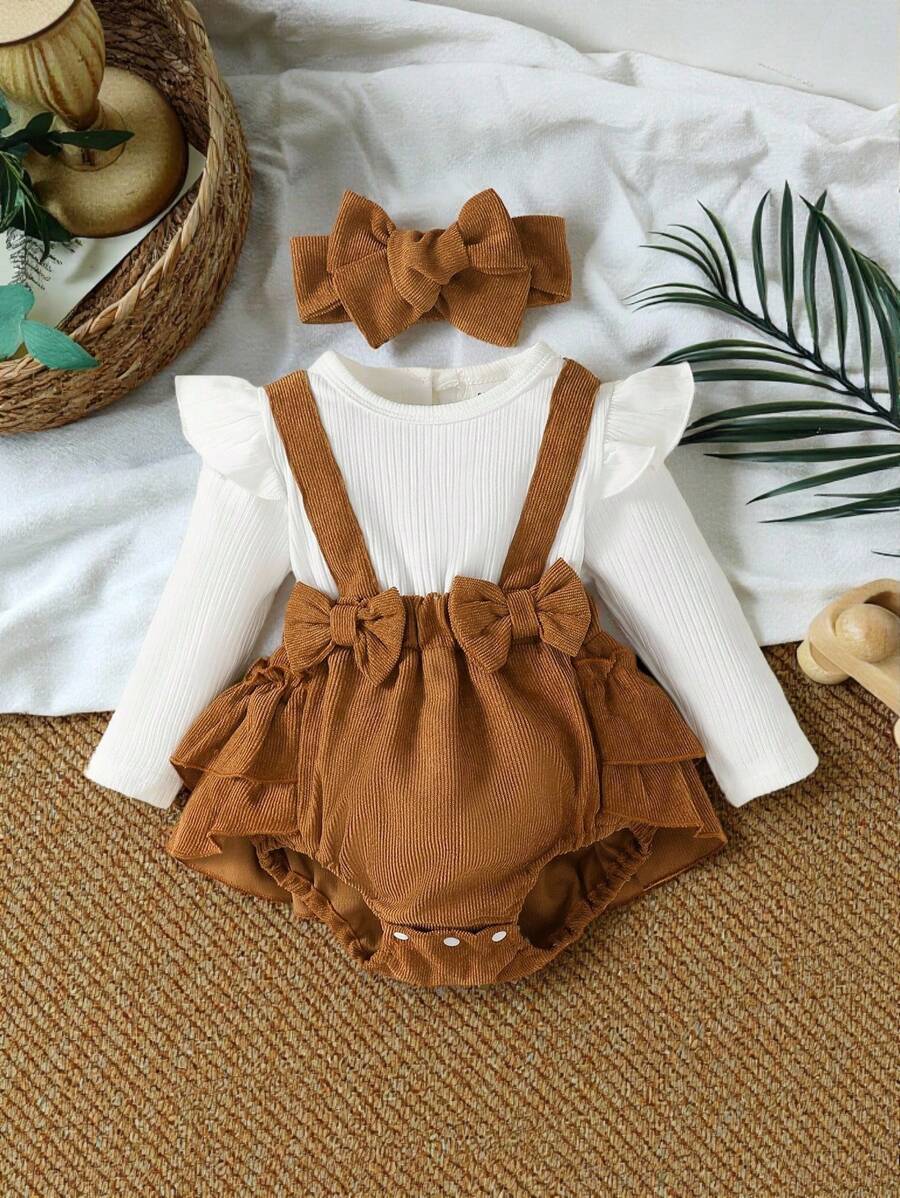 SHEIN Vintaside Kids Bebé niña Body ribete con fruncido con lazo delantero 2 en 1 con banda cabeza - Multicolor - Ver 1