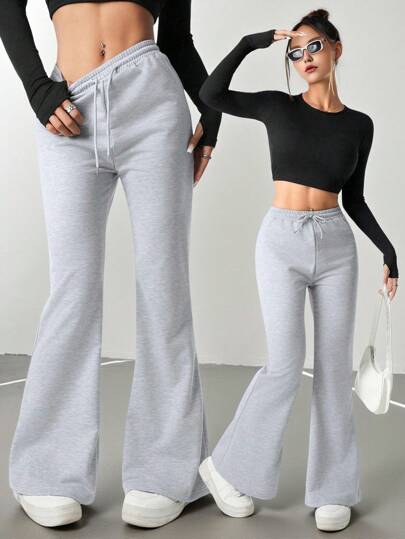 Teen Girls Casual Stylish Grey Bodycon Flared Sweatshirt And Leggings Set