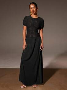 Athîral 女式夏季蕾丝拼布泡泡袖束腰连衣裙 - 黑色 - 查看 4