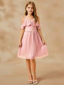 SHEIN 女童优雅露肩荷叶边高腰短款雪纺褶皱连衣裙，粉色，飘逸