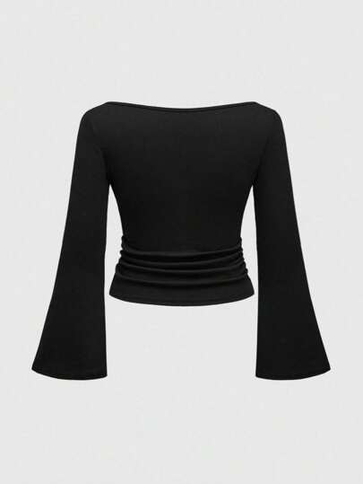 Goth Camiseta básica de corte ajustado, de unicolor, con cuello en V y mangas campana, talla grande y sexy