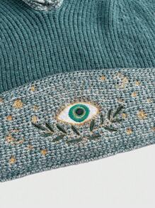 ROMWE Hippie Boho Resort Mysterious Eyes & Floral Embroidery Plus Size Knit Witch Hoodie