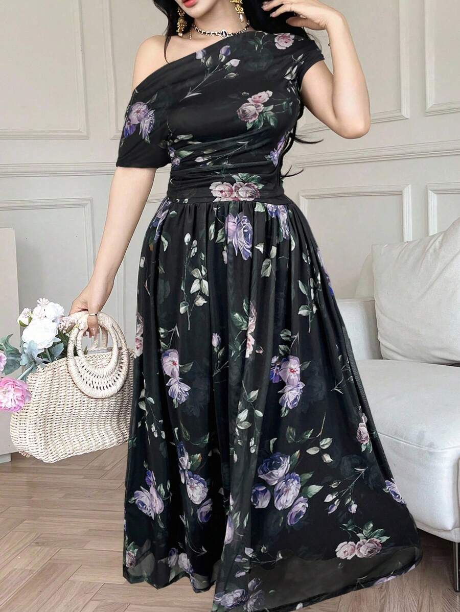 Modelyn 女士花卉印花斜肩上衣和裙子两件套,优雅夏日 - 黑色 - 查看 1