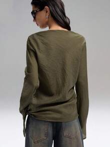 LYSMO 休闲纯色船领长袖前系带 T 恤