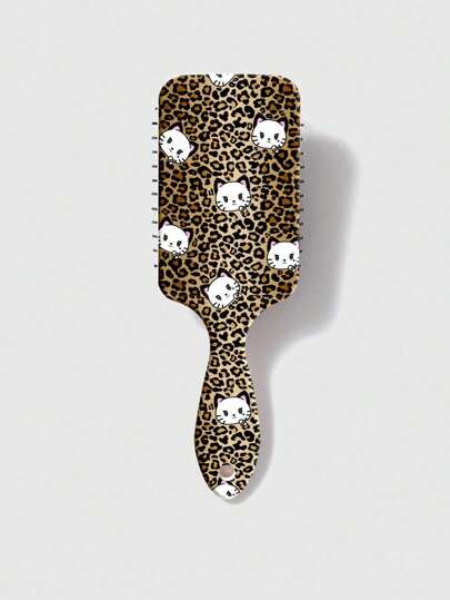 Kawaii Leopard Print Kitten Pattern Hair Brush, Cute Massage Scalp Brush For Women