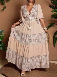 Flirla Plus Size V-Neck Color Block Floral Print Ruffle Sleeve Maxi Dress, Elegant Vintage Bohemian Casual Holiday Dress - Multicolor - View 1