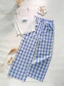 2pcs/Set Teenager Girls' Casual Strap Embroidered Plaid Print Camisole Top And Pants Home Wear, Blue & White - Blue and White - View 3