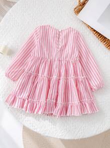 SHEIN Babygirl Vacation Cute Pink And White Striped Long Sleeve Ruffle Trim Dress - Pink - View 2