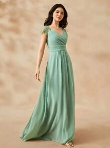 SHEIN 伴娘雪纺蕾丝盖袖 V 领 A 字长裙，优雅风格，适合少女参加婚礼、庆典、表演、生日派对