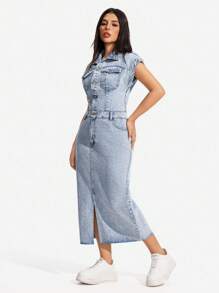 SHEIN PETITE 女式休闲街头时尚翻盖口袋蝙蝠袖修身牛仔连身裤连衣裙 - 淺色水洗藍 - 查看 4