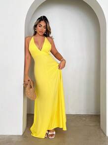 SHEIN LUNE Damen Sommerkleid mit Trägern und Rückenausschnitt, Einfarbig, lässiger Stil - Gelb - Übersicht 3