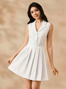 SHEIN Elegant & Fashionable Minimalist Youth Daily Wear, Includes Lapel Collar Sleeveless Short White Blazer Jacket & High-Waisted White Pleated Skirt Set