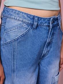 COUREZ 修身低腰牛仔裤，带口袋细节 / Y2K 夏季服装 低腰牛仔裤 外出穿搭 街头服饰 - 中等水洗藍 - 查看 6