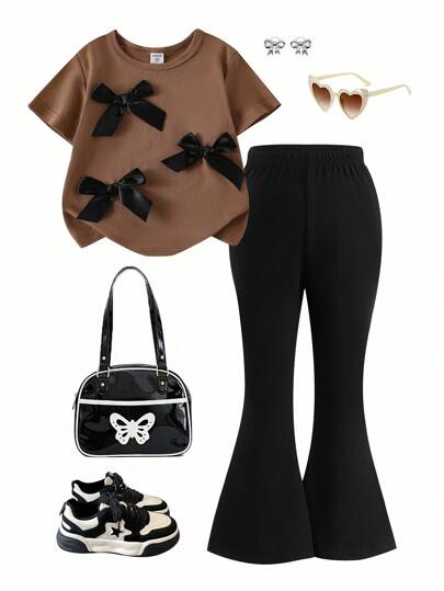 Elladie kids Set de 2 piezas: Camiseta de manga corta con moño marrón y pantalones acampanados negros para niñas, conjunto de ropa de verano lindo y alegre para niñas, conjunto con moño, conjunto para adolescentes, conjunto con mariposa, conjunto marrón