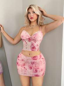 Sweetina 2件套合身蕾丝扎染印花吊带背心和迷你紧身裙 - 粉色 - 查看 1