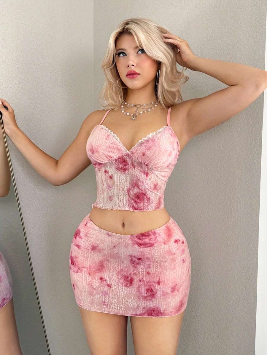 Sweetina 2件套合身蕾丝扎染印花吊带背心和迷你紧身裙 - 粉色 - 查看 1