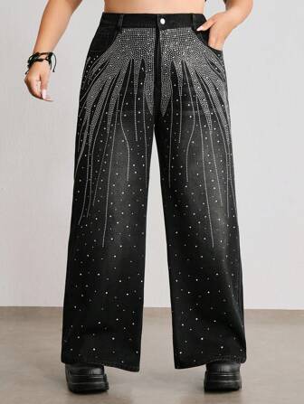 ROMWE Avant Jeans casual à jambe large avec poche décorative de strass, taille grande