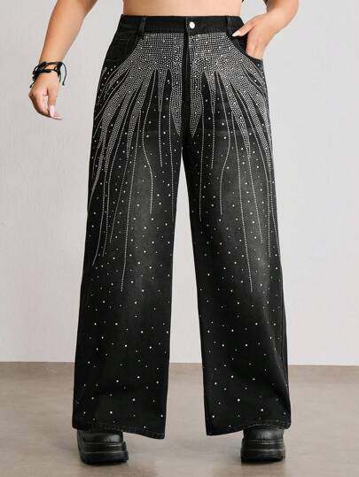 ROMWE Avant Große Größen Jeans mit Strass-Dekorationsflecken, weite Beine, lässig