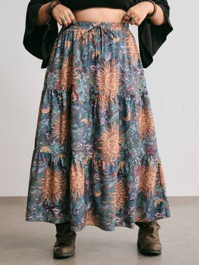 Hippie Falda informal con cintura anudada y bajo con volantes con estampado de sol, luna y estrellas para mujer de tallas grandes