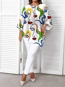 SHEIN CURVE+ Plus Size Plus Size Casual Abstract Face Print Shirt, Summer Autumn - Multicolor - View 4