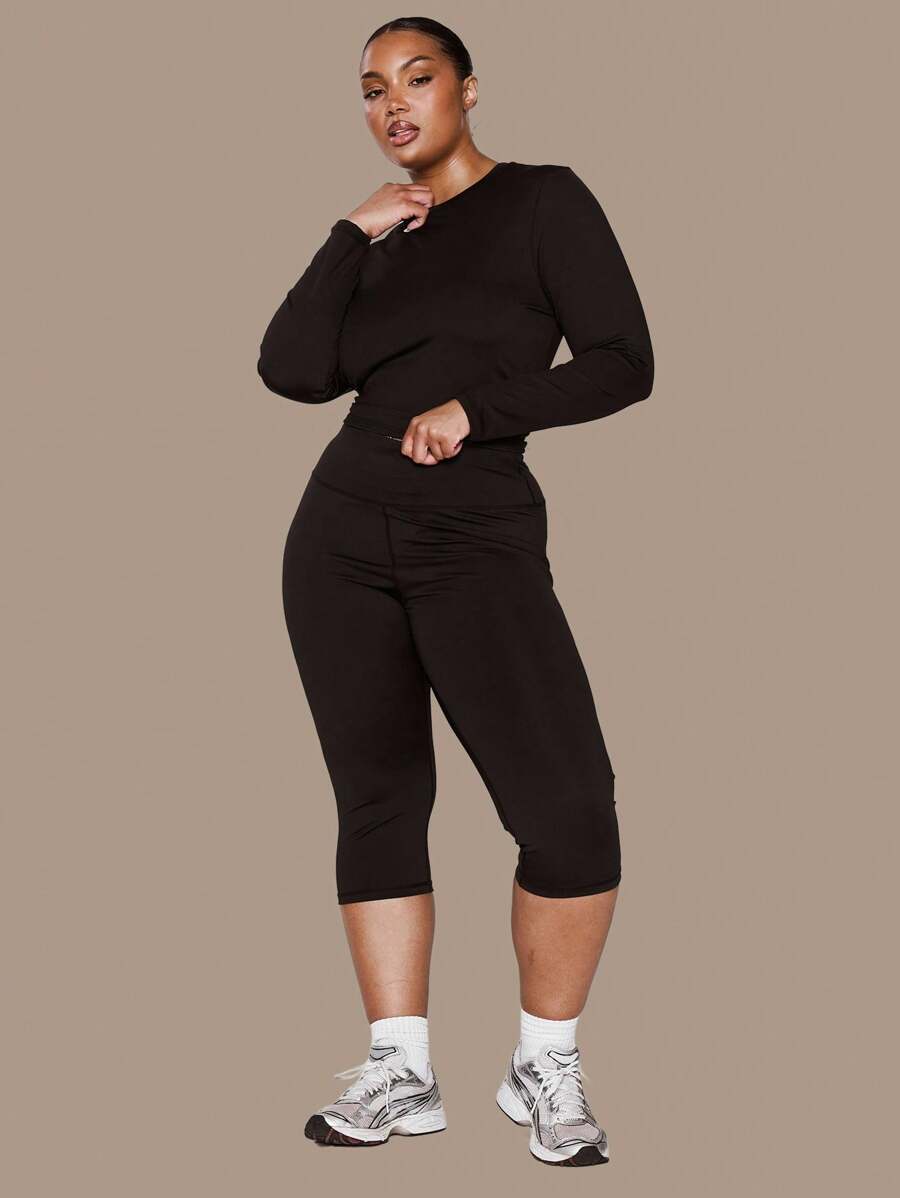 MUSERA Plus High Waist Stretch Fitted Cropped Leggings Activewear, Holiday, Elegant, Casual - Black - View 1
