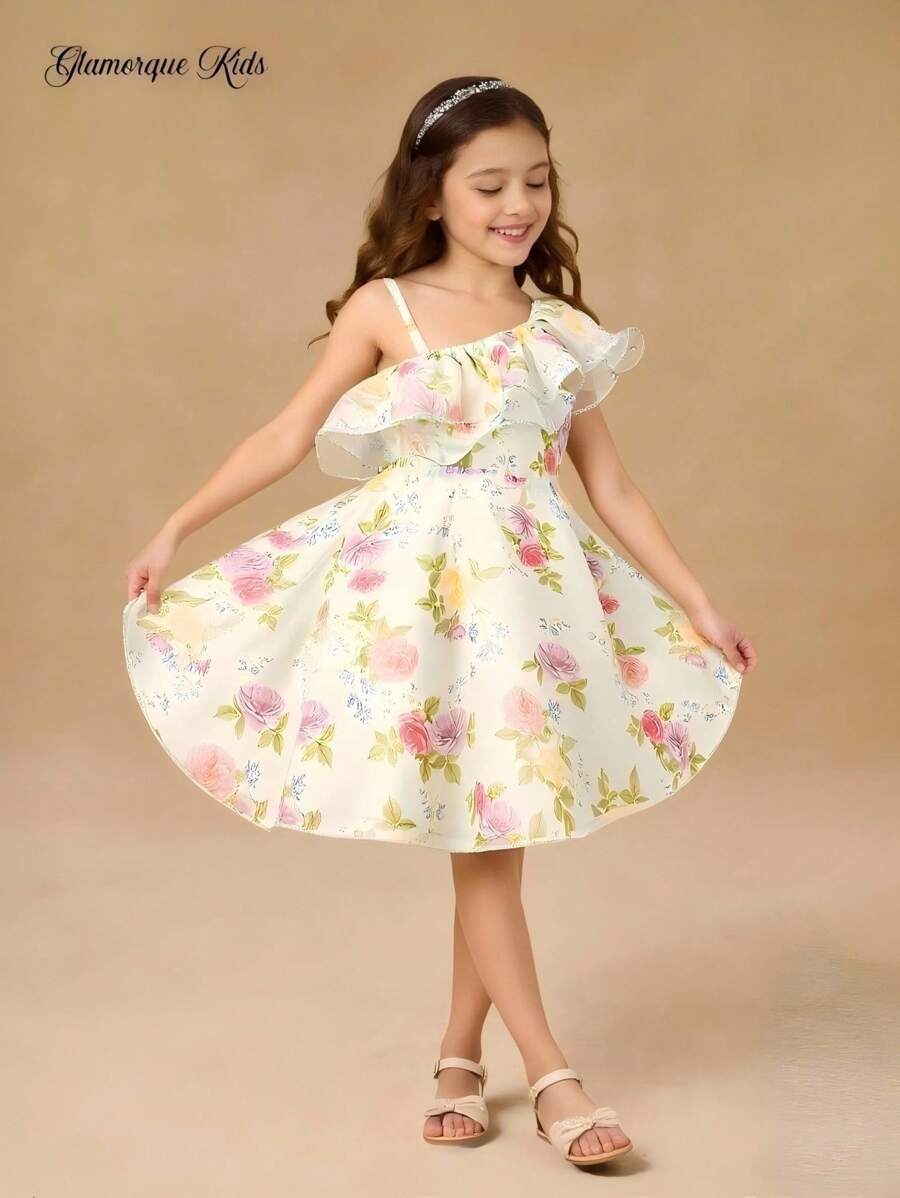 SHEIN Glamorique Kids Young Girl Floral Printed Dress, Fashion Design For Summer, Suitable For Everyday, Party, Gatherings, Showing Girl's Cute & Lively Charm,Easter