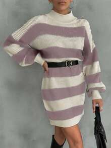 EURMUSE Women Drop Shoulder Sweater Dress With Striped Pattern,Petite - Rusty Rose - View 5