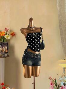 Attitoon Casual Vintage Black & White Polka Dot Full Print Women's Gathered Tie Front Cropped Tube Top , Suitable For Summer, Music Festivals, Pop & Boho Style Goth Suitable For Going Out