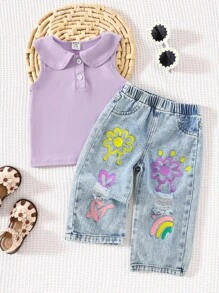 SHEIN Playful Pals 女婴翻领上衣和时尚做旧印花裤套装 - 紫色 - 查看 1