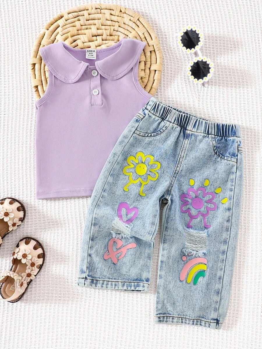 SHEIN Playful Pals 女婴翻领上衣和时尚做旧印花裤套装 - 紫色 - 查看 1
