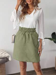 EMERY ROSE Women's Casual Solid Color Drawstring Waist Paper Bag Pocket Straight Denim Skirt, Summer
