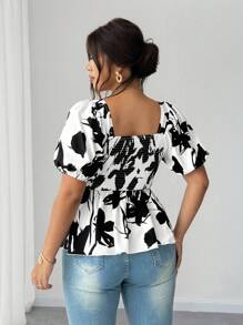 Elenzga Plus Size Women Elegant Floral Print Ruffle Puff Sleeve Shirt - Black and White - View 2