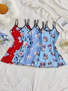 SHEIN Set de 4 piezas de camisola de noche con estampado de animales de dibujos animados para mujer