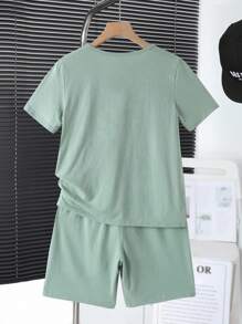 SHEIN Tween Boys 2pcs Set Casual Fashion Classic Striped Splice Stepped Print King Letter T-Shirt And Shorts For Summer - Green - View 4