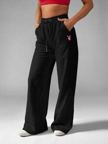Missguided x Playboy Wide Leg Lounge Joggers High Waist Drawstring Palazzo Pants Relaxed Fit Everyday Athleisure Comfort Cozy Winter Bottoms - Black - View 5