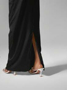 MISSGUIDED 优雅缎面长裙高腰及地长款晚礼服侧开衩长款直筒婚礼宾客秋冬半身裙 - 黑色 - 查看 5