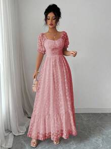 Modelyn 女士夏季优雅喇叭裙，荷叶边设计法式甜美短袖中长裙 - 珊瑚粉 - 查看 6