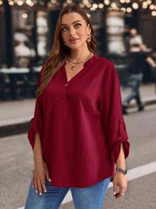 EMERY ROSE 加大码纯色缺口领卷袖休闲衬衫，冬季服装