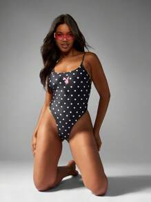 Missguided x Playboy Traje de baño de una pieza con lunares, estilo clásico y retro, escote de canalé, patrones con piernas altas para playa y piscina, para usar en vacaciones de verano