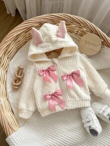 SHEIN 新生女婴可爱杏色蝴蝶结毛绒连帽夹克，秋冬